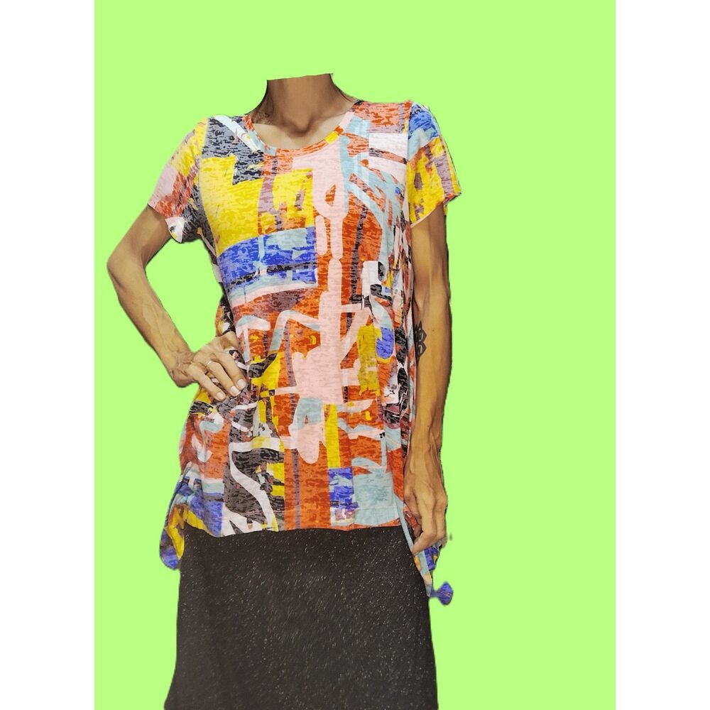 Chelsea & Theodore Multicolor Abstract High Low Handkerchief Hem Top Size Large